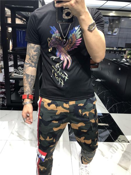 men's summer 2019 new drilled eagle personality trend self-cultivation printed t-shirt tide with round neck and short sleeve, White;black
men's summer 2019 new drilled eagle personality trend self-cultivation printed t-shirt tide with round neck and short sleeve, White;black