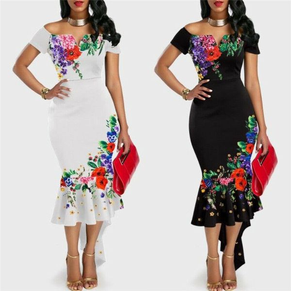 casual dresses women ladies fishtail ruffle frill dress elegant woman floral printing stretch bodycon long maxi, Black;gray