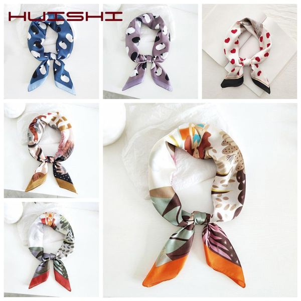 huishi scarf women silk feeling printed headwear scarfs bag hair tie headwear neckerchief lady 70cm scarf for women gift, Blue;gray