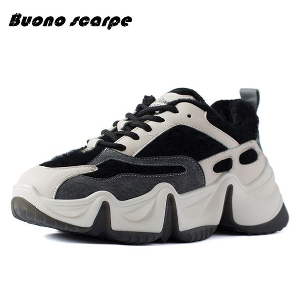 buonoscarpe 2020 winter new sports shoes fashion running shoes women's flat leather head comfortable casual trend, Black