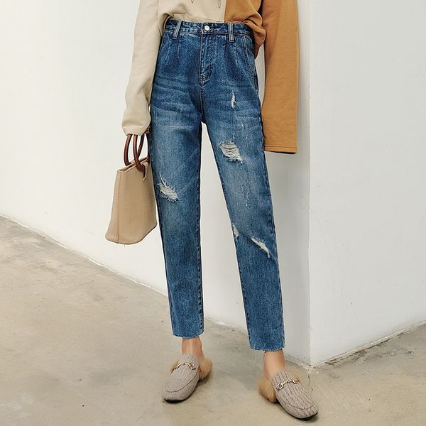 female ripped dark blue denim holes jeans loose woman harem pants high waist regular button trousers for women
female ripped dark blue denim holes jeans loose woman harem pants high waist regular button trousers for women