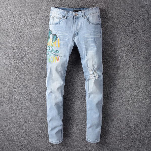 2020 selling men's jeans amiri black high street style printed patch slim feet denim trousers 02, Blue