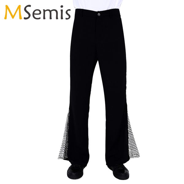

mens dancing pants retro 70s disco dance pants mid waist bell bottom flared side with sequins dance long trousers for men, Black;red