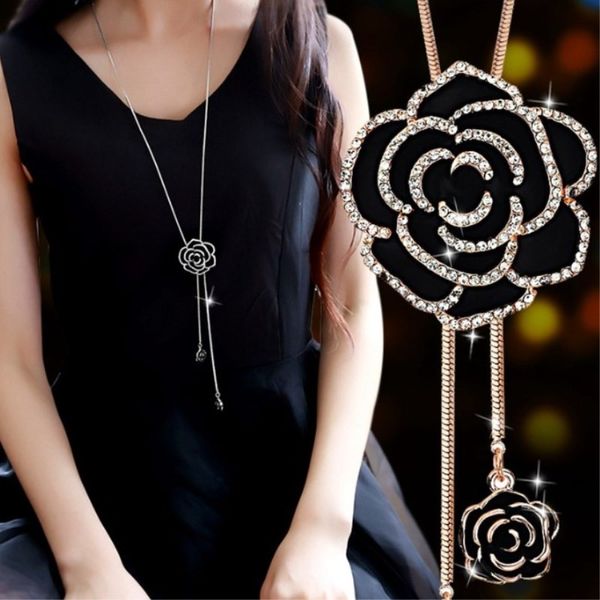 2020 new fashion black rose sweater chain female crystal from swarovskis 2 colors autumn and winter retro flowers wild necklace, Silver 
2020 new fashion black rose sweater chain female crystal from swarovskis 2 colors autumn and winter retro flowers wild necklace, Silver
