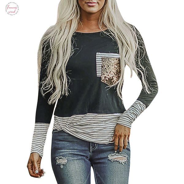 womens stripe pocket sequins splicing t shirt long sleeves o neck easy shirt women lady tee shirt femme pullover plus, White
womens stripe pocket sequins splicing t shirt long sleeves o neck easy shirt women lady tee shirt femme pullover plus, White