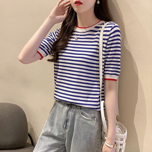 summer 2020 loose ultra-fire striped round neck sweater t- sweater base shirt short sleeve t-shirt female, White 
summer 2020 loose ultra-fire striped round neck sweater t- sweater base shirt short sleeve t-shirt female, White