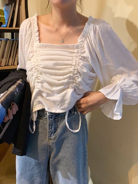 very immortal french xiaozhong long sleeve shirt women's early autumn new korean version folded string shirt chic short top, White
very immortal french xiaozhong long sleeve shirt women's early autumn new korean version folded string shirt chic short top, White