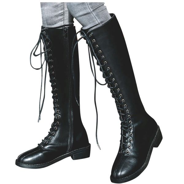 women's fashion solid lace-up large size knee-high flat heels knight boots shoes, Black
women's fashion solid lace-up large size knee-high flat heels knight boots shoes, Black
