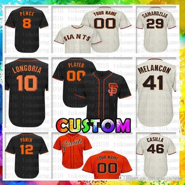 Custom San Francisco 8 Hunter Pence Giants Baseball Jersey 10 Evan Longoria 12 Joe Panik 41 Mark Melancon 46 Santiago Casilla 29 Samardzija
Custom San Francisco 8 Hunter Pence Giants Baseball Jersey 10 Evan Longoria 12 Joe Panik 41 Mark Melancon 46 Santiago Casilla 29 Samardzija
