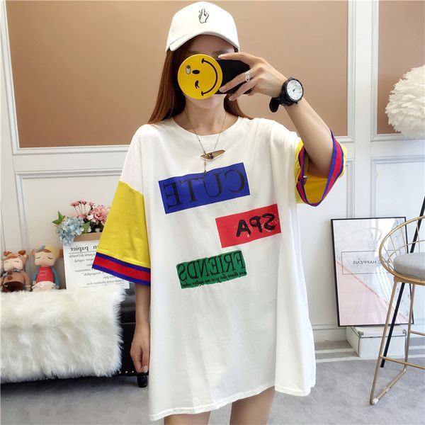 2019 summer korean version of the loose short-sleeved mid-length cotton t-shirt color matching trend compassionate women's shirt wholes, White
2019 summer korean version of the loose short-sleeved mid-length cotton t-shirt color matching trend compassionate women's shirt wholes, White