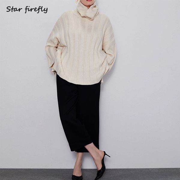 star firefly hem side split lantern sleeves high collar sweater female 2019 casual soft touch loose sweater, White;black
star firefly hem side split lantern sleeves high collar sweater female 2019 casual soft touch loose sweater, White;black