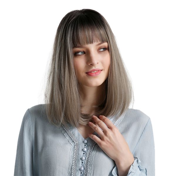 14'' natural synthetic straight bob wig with neat bangs for party dating costume, Black
14'' natural synthetic straight bob wig with neat bangs for party dating costume, Black