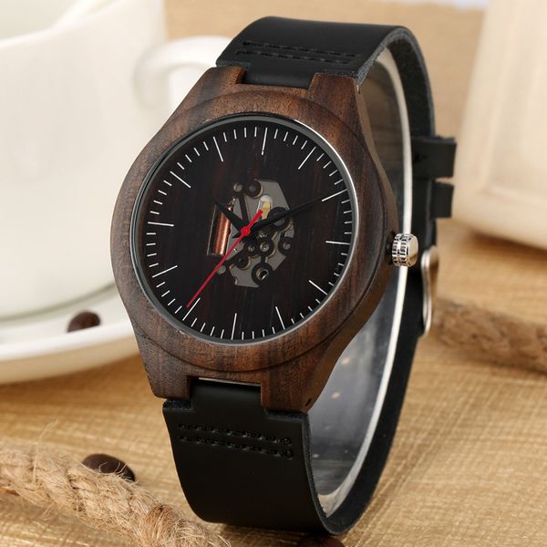 black ebony wood watches stripe men's skeleton movement dial clock timepiece gift soft leather band male wrist clock retro reloj, Slivery;brown
black ebony wood watches stripe men's skeleton movement dial clock timepiece gift soft leather band male wrist clock retro reloj, Slivery;brown