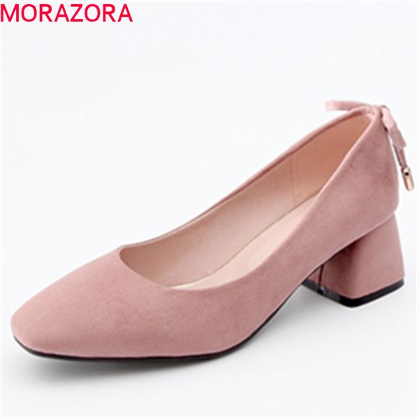 morazora new prevail spring summer pumps women shoes high heels with butterfly knot shallow flock slip on ladies shoes, Black