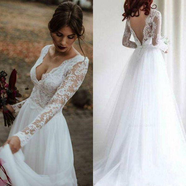 long sleeve boho wedding dresses plus size lace applique v neck tulle beach bridal gowns backless custom made robes de mariée, White
long sleeve boho wedding dresses plus size lace applique v neck tulle beach bridal gowns backless custom made robes de mariée, White