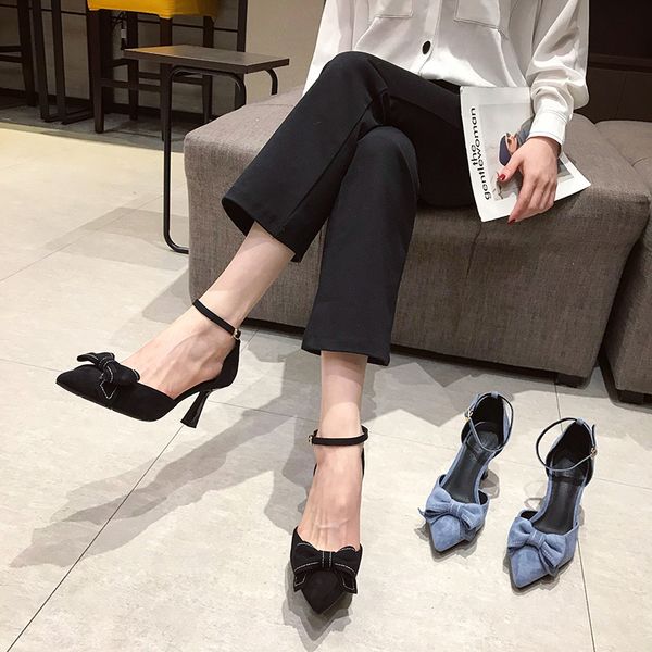women sandals thin high heels bow design pointed toe elegant sandals flock ankle strap dress shoes party pumps slides size 34-39, Black
women sandals thin high heels bow design pointed toe elegant sandals flock ankle strap dress shoes party pumps slides size 34-39, Black