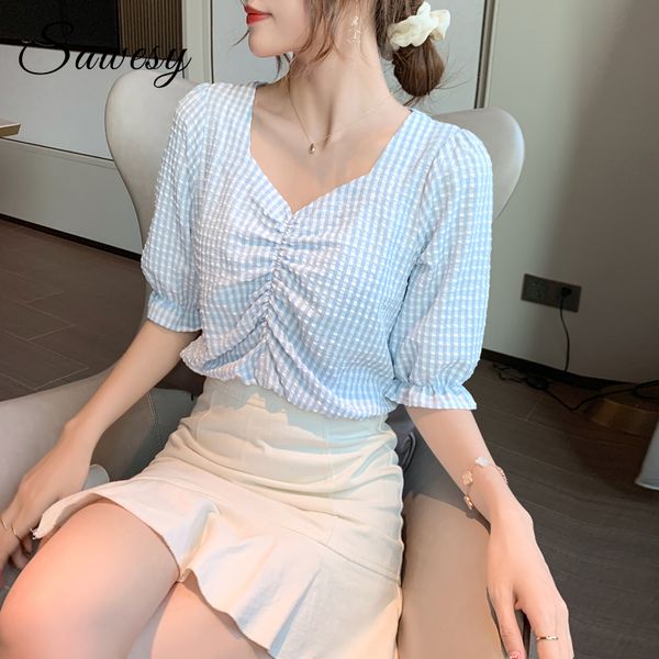 plaid chiffon v neck fashion casual blouse korean women summer short sleeve blue yellow, White
plaid chiffon v neck fashion casual blouse korean women summer short sleeve blue yellow, White