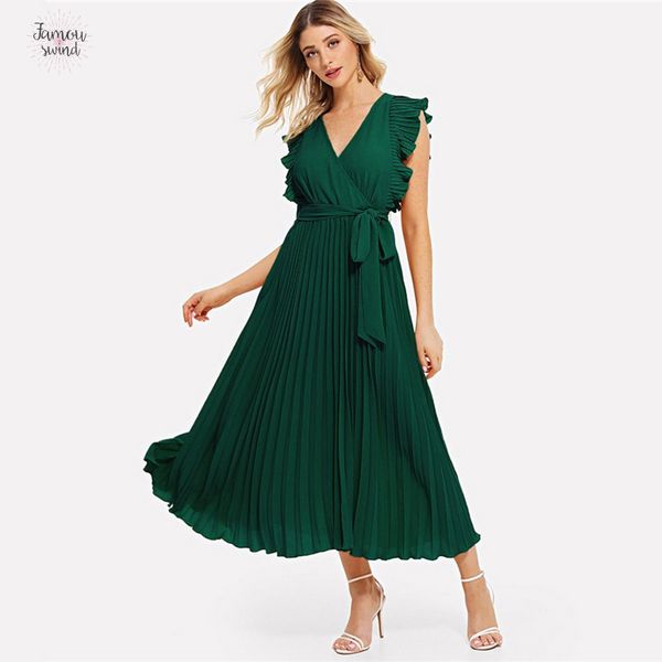 long dress wrap green v neck ruffle trim sleeveless women summer dresses 2019 ladies a line pleated dress, Black;gray
long dress wrap green v neck ruffle trim sleeveless women summer dresses 2019 ladies a line pleated dress, Black;gray