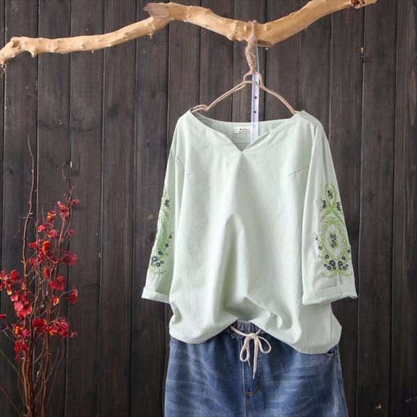 national style women's cotton linen sleeve v-neck embroidery all-match slim t-shirt embroidery nationality nationality s20268, White
national style women's cotton linen sleeve v-neck embroidery all-match slim t-shirt embroidery nationality nationality s20268, White