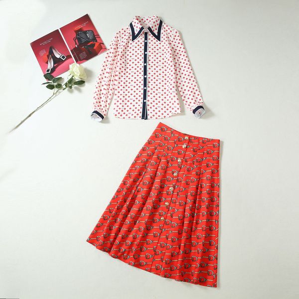 autumn 2019 new european and american women's wear flower shirt with long sleeves chain print skirt suit, White
autumn 2019 new european and american women's wear flower shirt with long sleeves chain print skirt suit, White