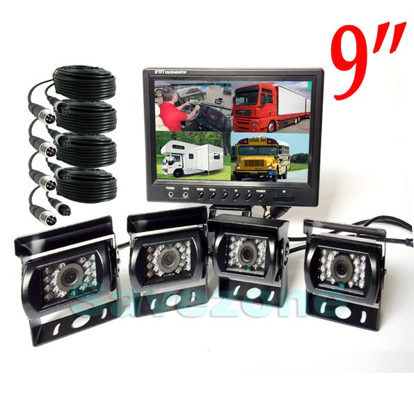 

4x 4pin 18 led ir night version ccd reversing camera + 9" inch lcd 4ch split monitor for 12v/24v bus truck car rear view kit (10m/20m e