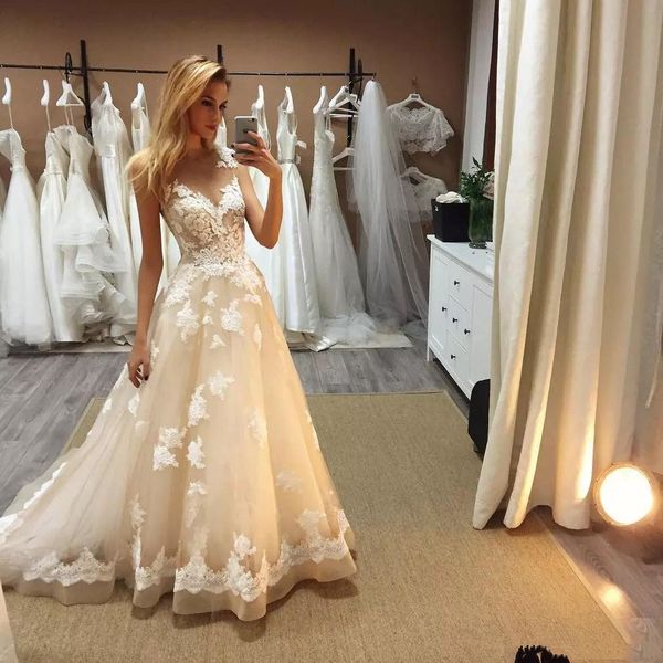 gorgeous champagne lace wedding dresses a line sheer jewel neck appliques bridal gowns floor length wedding dress robe de mariage, White
gorgeous champagne lace wedding dresses a line sheer jewel neck appliques bridal gowns floor length wedding dress robe de mariage, White