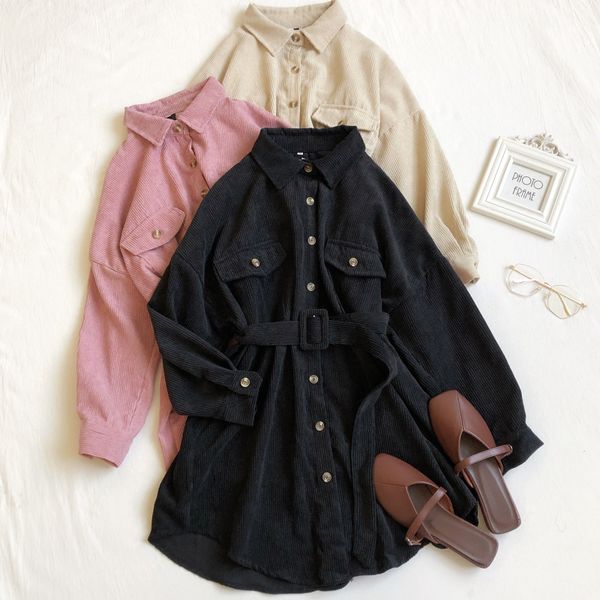 autumn/spring 2020 new style retro corduroy shirt dress high waist loose casual dress woman, Black;gray
autumn/spring 2020 new style retro corduroy shirt dress high waist loose casual dress woman, Black;gray