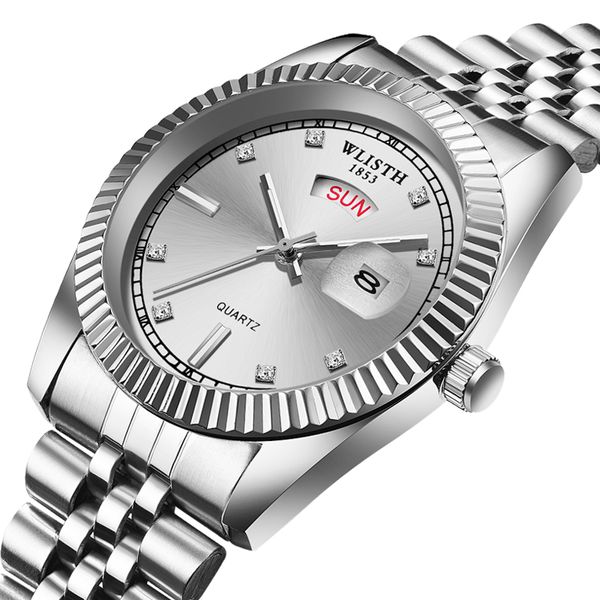 male gold color steel belt men's watch couple calendar week analog waterproof display quartz movement men's wrist watch, Slivery;brown 
male gold color steel belt men's watch couple calendar week analog waterproof display quartz movement men's wrist watch, Slivery;brown