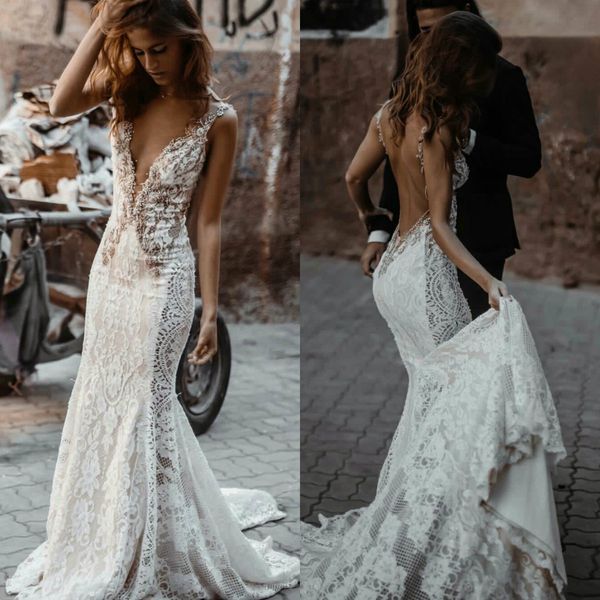2020 bohemia wedding dresses deep v neck appliques lace mermaid bridal gowns custom made open back sweep train wedding dress, White
2020 bohemia wedding dresses deep v neck appliques lace mermaid bridal gowns custom made open back sweep train wedding dress, White