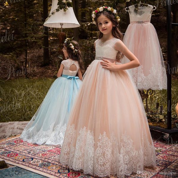 flower girls dresses beaded sash lace appliqued bows pageant gowns for kids wedding party, White;blue
flower girls dresses beaded sash lace appliqued bows pageant gowns for kids wedding party, White;blue