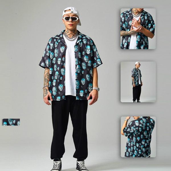 men's retro character printing shirt skeleton printed loose men's shirt, White;black
men's retro character printing shirt skeleton printed loose men's shirt, White;black
