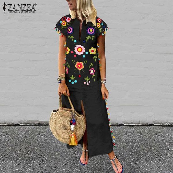 zanzea plus size bohemian floral printed sundress women summer short sleeve split hem long vestido robe casual tassels dress, Black;gray
zanzea plus size bohemian floral printed sundress women summer short sleeve split hem long vestido robe casual tassels dress, Black;gray