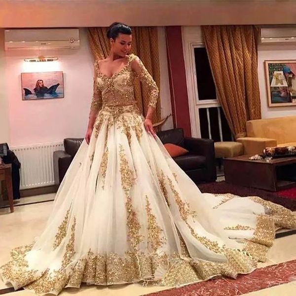 two piece wedding dress sheer bodice 3 / 4 sleeves big a line chapel train beaded gold lace ivory tulle custom bridal gowns, White
two piece wedding dress sheer bodice 3 / 4 sleeves big a line chapel train beaded gold lace ivory tulle custom bridal gowns, White