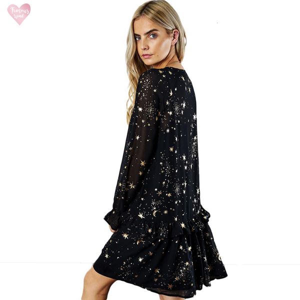 dress space star moon v neck print black long butterfly sleeve party dresses loose vestidos new spring summer chiffon, Black;gray 
dress space star moon v neck print black long butterfly sleeve party dresses loose vestidos new spring summer chiffon, Black;gray