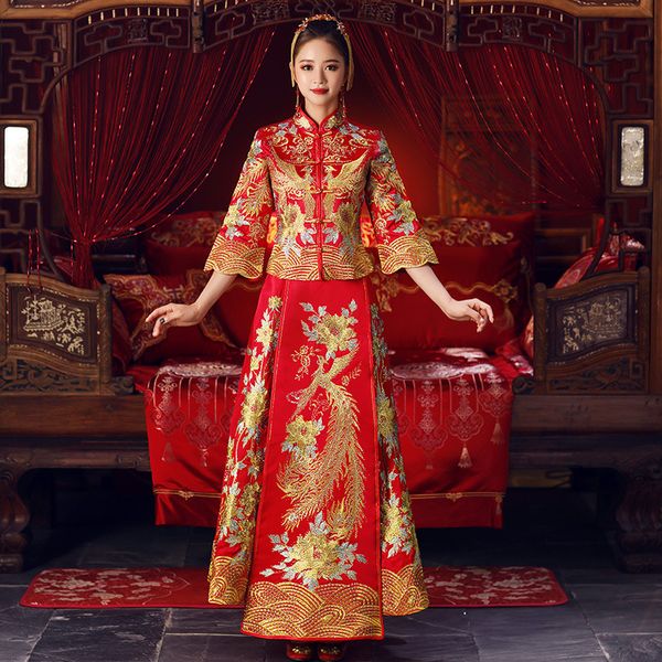 women phoenix embroidery wedding dress bride traditions traditional evening gown chinese cheongsam long sleeve qipao plus size, Red
women phoenix embroidery wedding dress bride traditions traditional evening gown chinese cheongsam long sleeve qipao plus size, Red