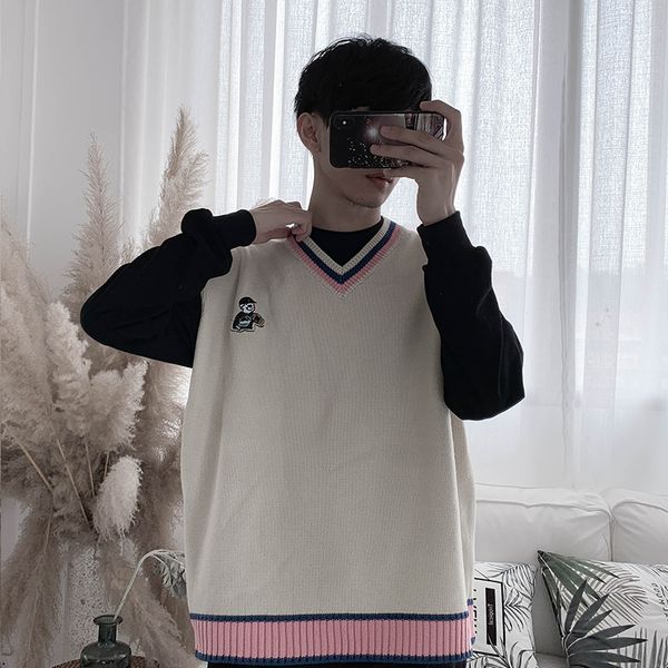 2019 new college wind small fresh men's wild loose v-neck knit vest sweater vest sleeveless ferrule students, White;black
2019 new college wind small fresh men's wild loose v-neck knit vest sweater vest sleeveless ferrule students, White;black