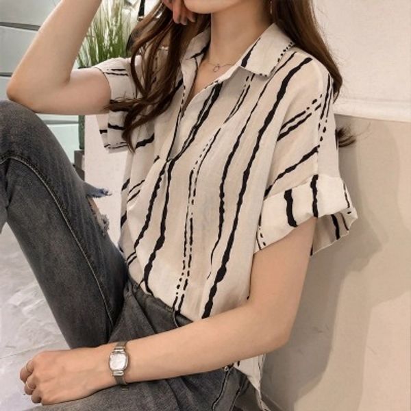 summer wear new style korean-style large size striped shirt women's short sleeved loose-fit slimming casual shirt base, White
summer wear new style korean-style large size striped shirt women's short sleeved loose-fit slimming casual shirt base, White