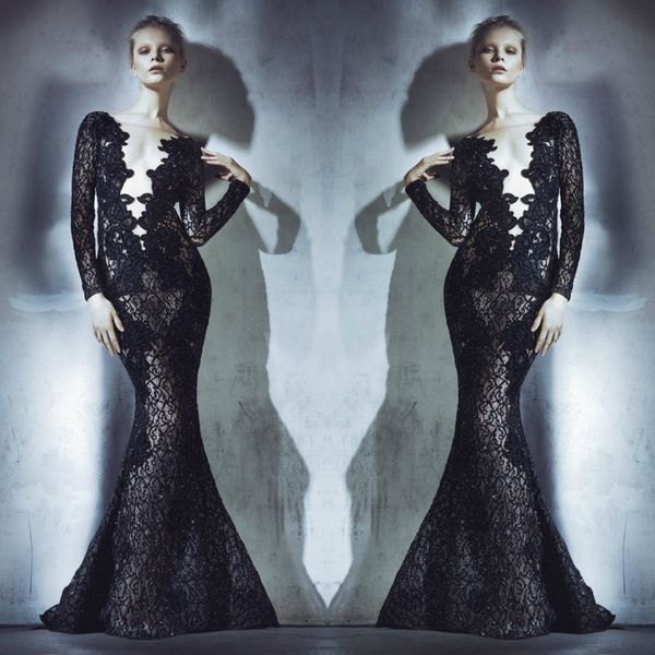 2019 mermaid prom dresses evening gowns yousef aljasmi deep v neck lace long sleeve sequined formal party dresses vestidos de festa, Black
2019 mermaid prom dresses evening gowns yousef aljasmi deep v neck lace long sleeve sequined formal party dresses vestidos de festa, Black