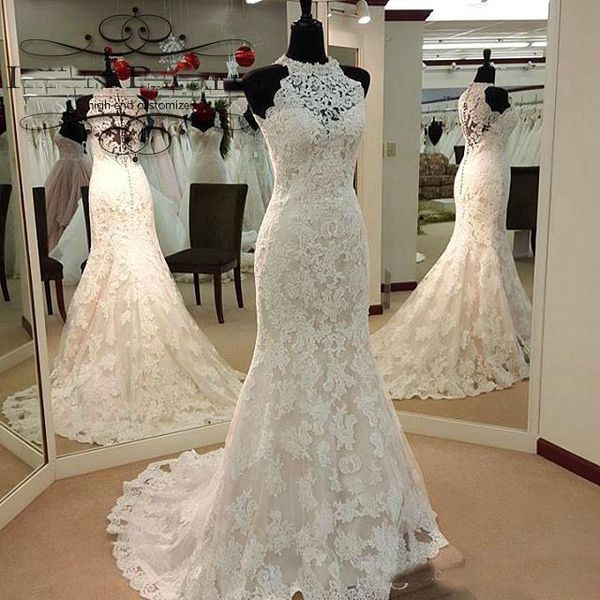trouwjurk Custom Made High Neck Wedding Dresses 2019 Lace Mermaid Wedding Dress Sleeveless Court Train robe de soiree Full Lace Bride Gowns