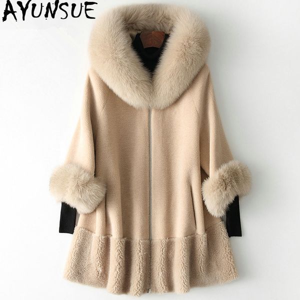 

ayunsue real fur coat female sheep shearling fur korean jackets 2019 winter jacket women collar long wool coats my3535, Black