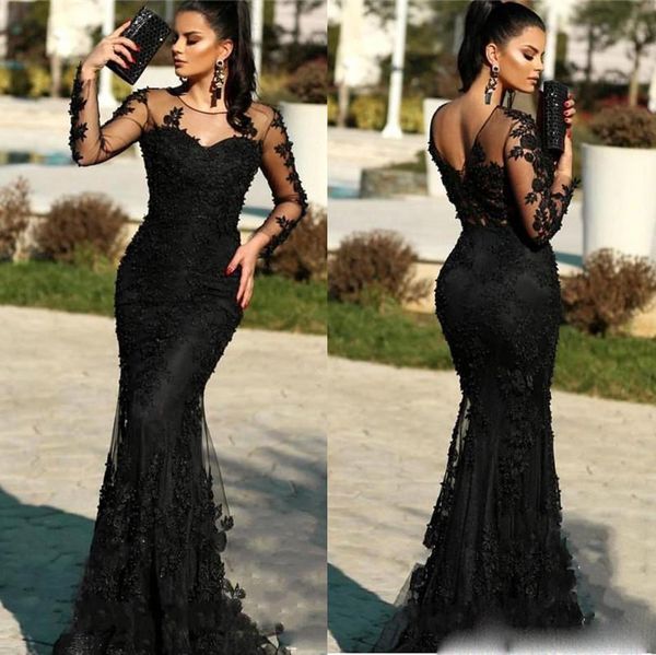elegant long sleeves lace mermaid evening dresses 2020 with beads appliques sweep train formal prom party gowns, Black
elegant long sleeves lace mermaid evening dresses 2020 with beads appliques sweep train formal prom party gowns, Black