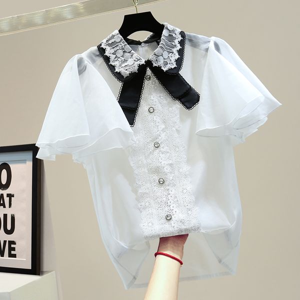 women's summer shirt perspective chiffon blouse 2020 summer bow splicing lace short-sleeve shirt blusas mujer de moda 2020, White
women's summer shirt perspective chiffon blouse 2020 summer bow splicing lace short-sleeve shirt blusas mujer de moda 2020, White