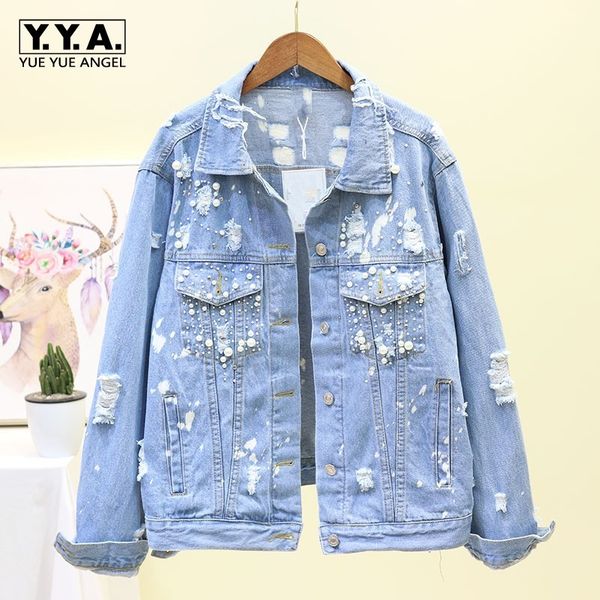 spring autumn new womens vintage wash pearls pockets cowboy outerwear coats long sleeve hole ripped loose female denim jackets, Black;brown
spring autumn new womens vintage wash pearls pockets cowboy outerwear coats long sleeve hole ripped loose female denim jackets, Black;brown