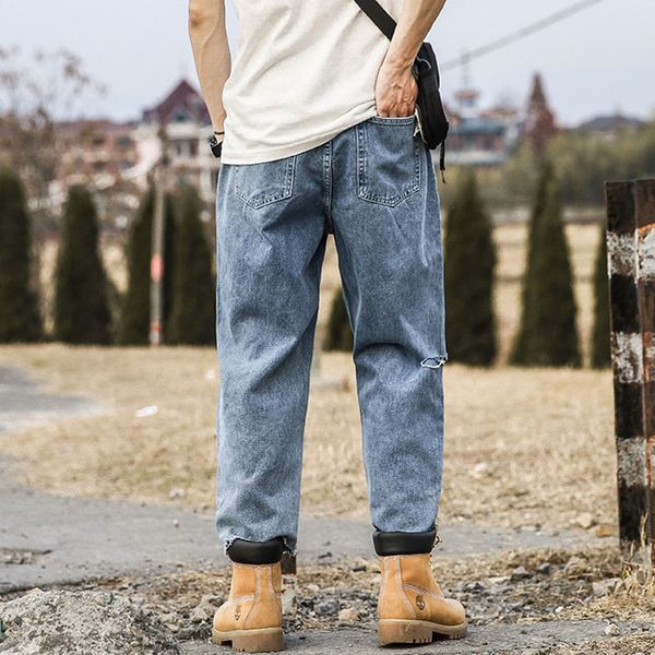 men broken hole loose casual straight jeans male retro fashion streetwear hip hop ankle-length denim pants trousers, Blue
men broken hole loose casual straight jeans male retro fashion streetwear hip hop ankle-length denim pants trousers, Blue
