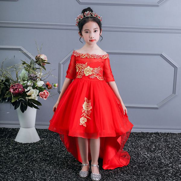 

high-quality girls formal wedding party back-to-back dress flower girl's first shoulder-tailed dress for the eucharist party, Red;yellow