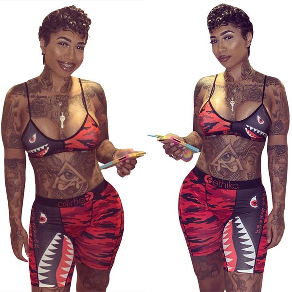 

ethika women clothes summer designer 2pcs suits fashion bras shorts clothing sets sports camouflage suit, White