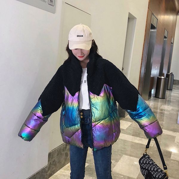 2019 winter glossy colorful print loose down parka women's metal bright fabric lamb wool patchwork coat glossy jacket large size loose, Black
2019 winter glossy colorful print loose down parka women's metal bright fabric lamb wool patchwork coat glossy jacket large size loose, Black