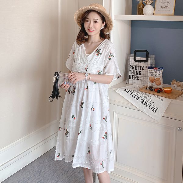 2113# embroidery cotton linen loose maternity long dress summer korean fashion loose clothes for pregnant women pregnancy, White 
2113# embroidery cotton linen loose maternity long dress summer korean fashion loose clothes for pregnant women pregnancy, White
