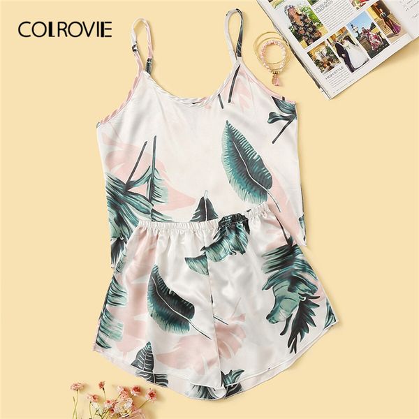 

colrovie tropical print satin cami and shorts women pajama set 2019 summer sleeveless casual nightgown female sleepwear, Black;red