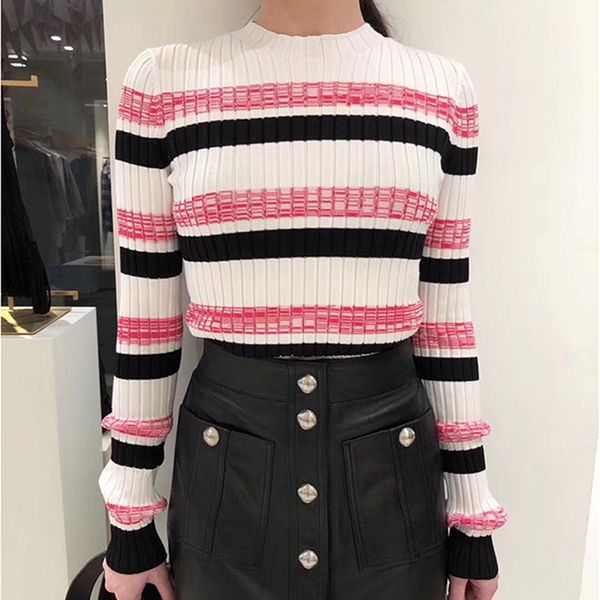 women sweater contrast striped slim fit thin wild knit base sweater, White;black
women sweater contrast striped slim fit thin wild knit base sweater, White;black